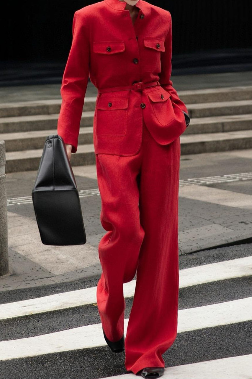 belted mandarin-collar blazer with wide-leg pants – ROSETTA