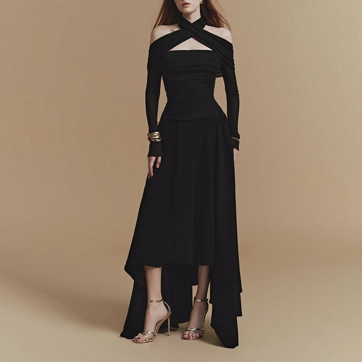 Geplooide top met uitlopende mouwen en maxi-rok set met tailleband – Rosiny 