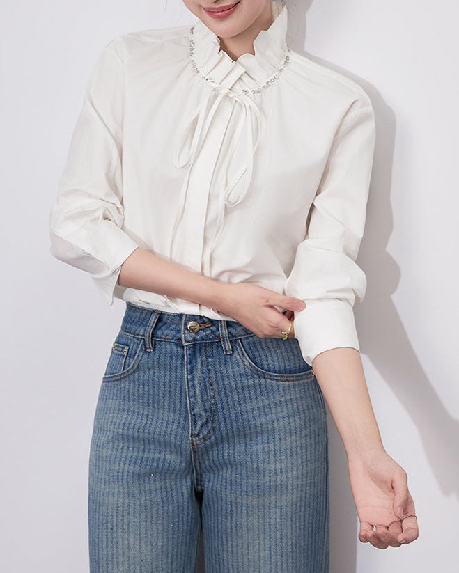 Haut à manches évasées plissées et ensemble jupe longue avec ceinture à la taille – Rosiny 