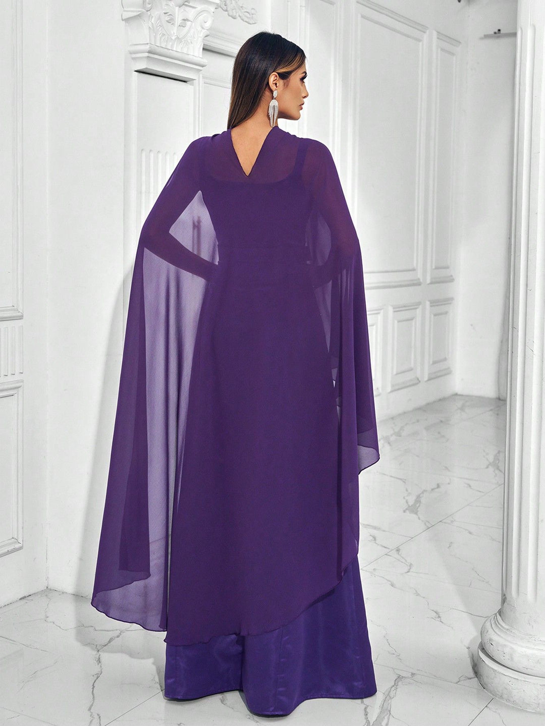 sleeveless gown with pearl embellishments and cape – VROLENTA