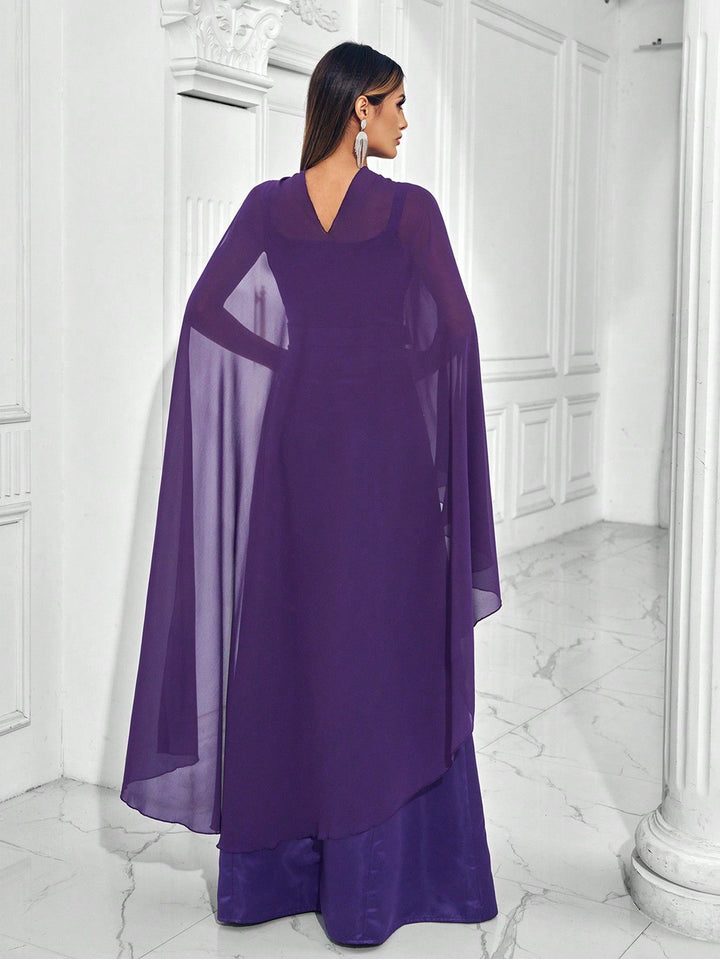 sleeveless gown with pearl embellishments and cape – VROLENTA