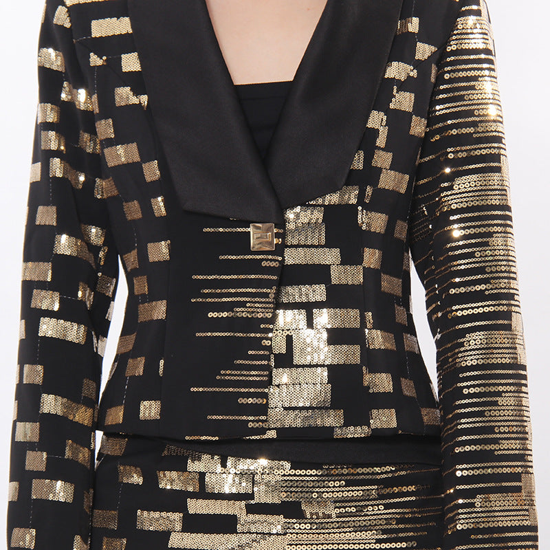 Tailored jacquard blazer & pencil skirt set with metallic geometric pattern – AURORA