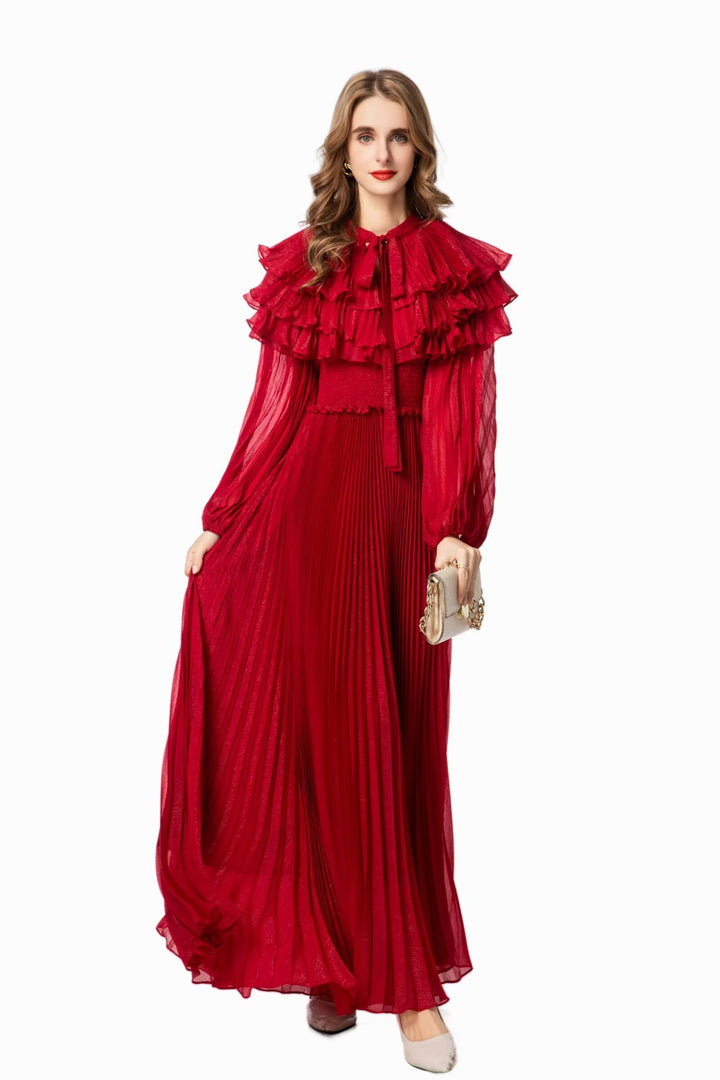 فستان ماكسي من الشيفون المطوي مع ياقة مكشكشة متعددة الطبقات – سيرافينا