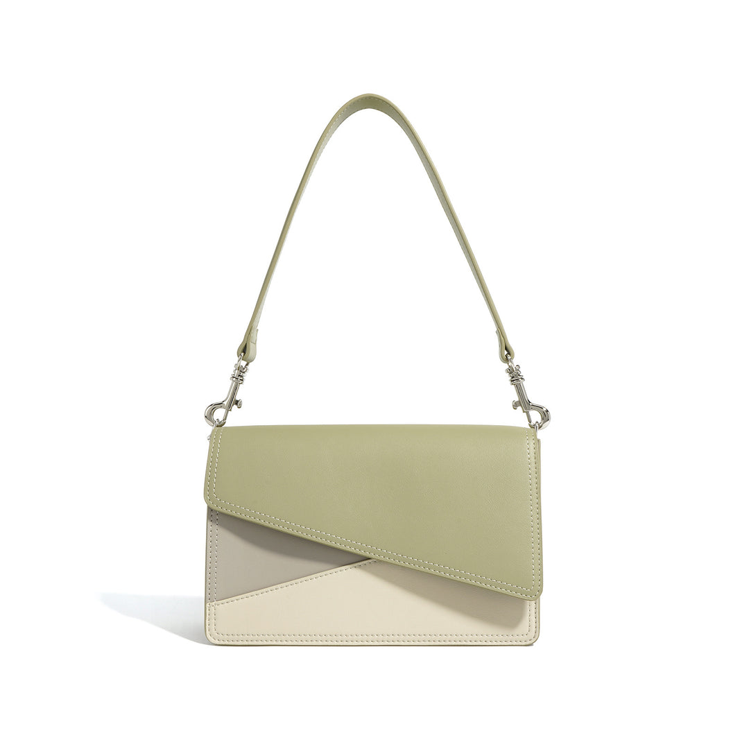 asymmetrical flap shoulder bag in two-tone vegan leather - ELLA