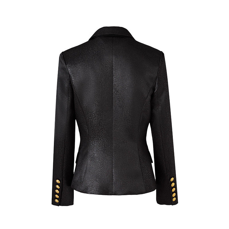 textured double-breasted blazer with gold crest buttons – EMPRESS