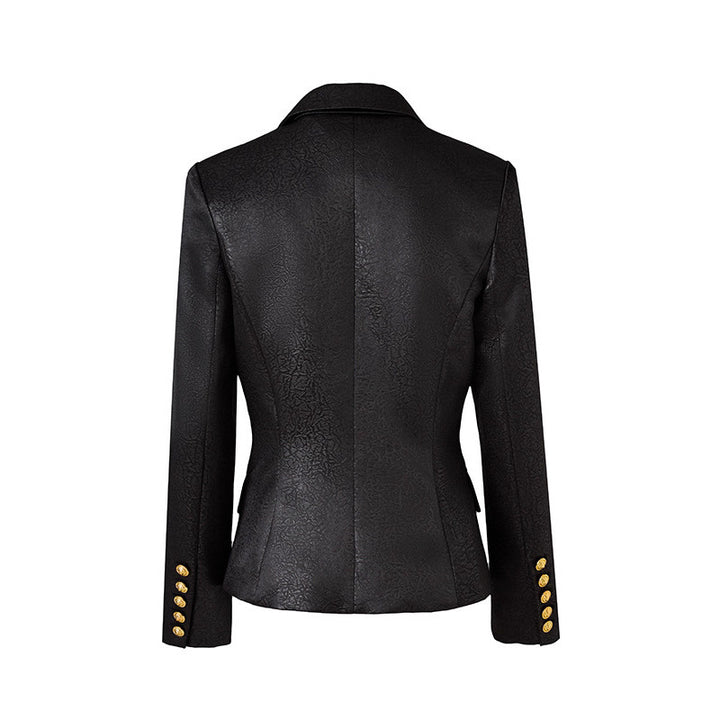 textured double-breasted blazer with gold crest buttons – EMPRESS