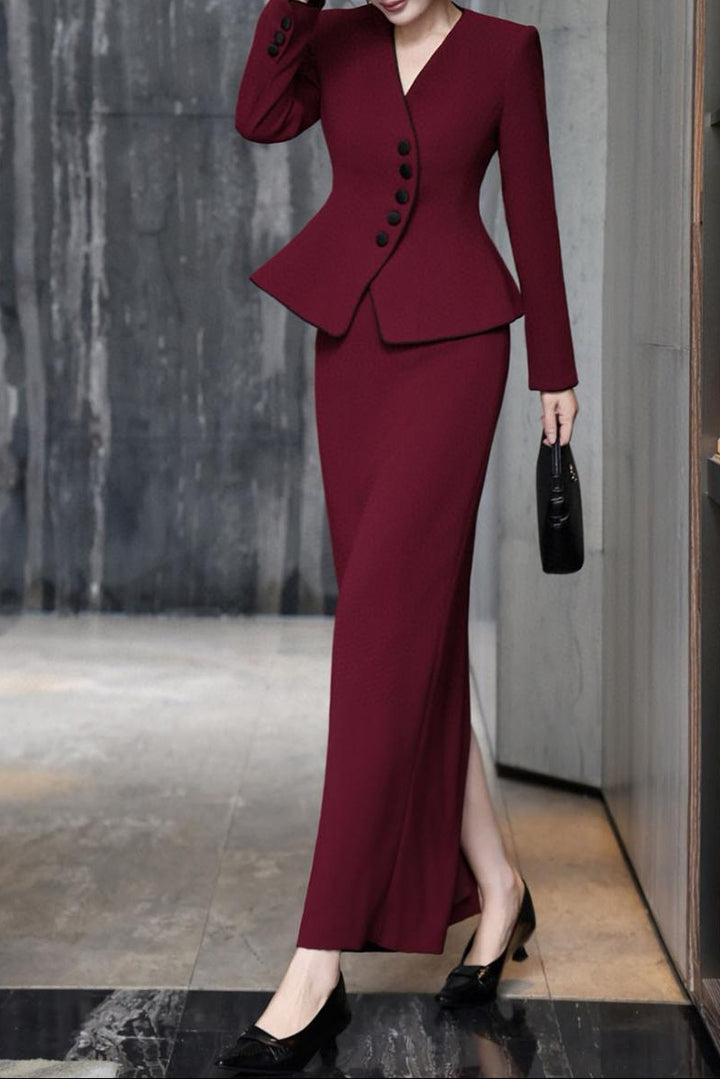 peplum skirt suit with contrast piping – NOIRE