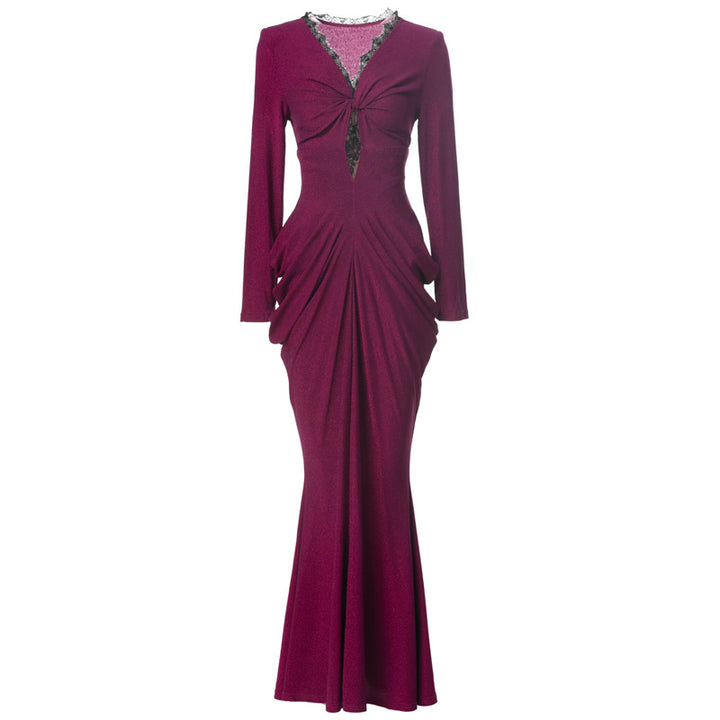 long sleeve draped mermaid gown with lace neckline - SERENZA