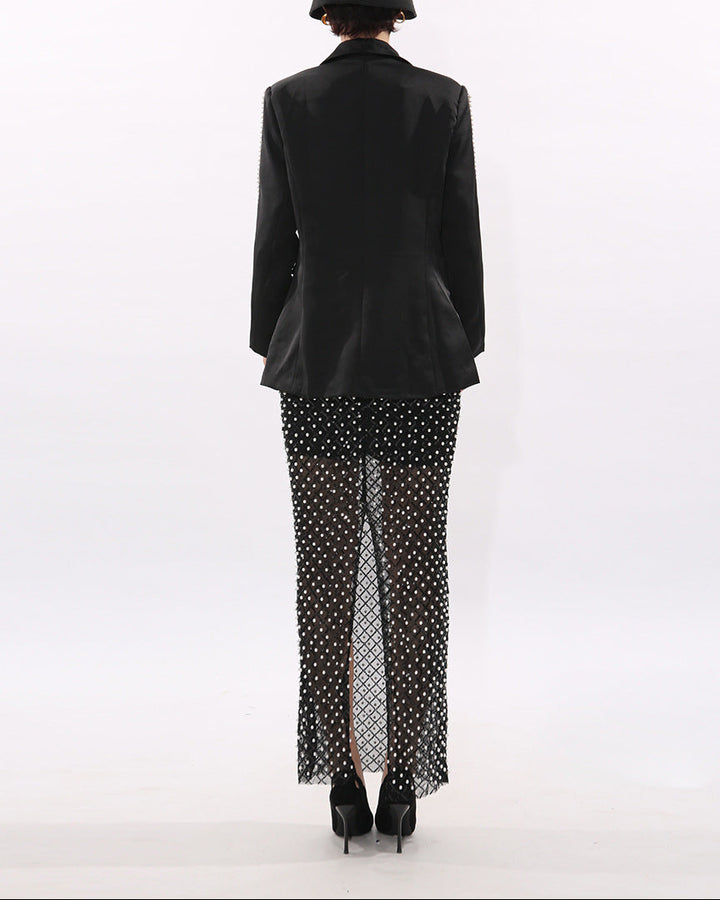 floral applique blazer and mesh midi skirt set – VELIXE