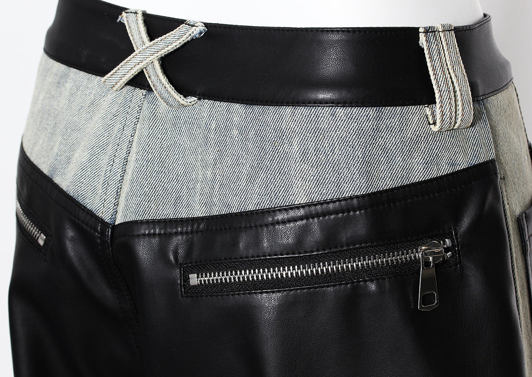 two-tone wide-leg denim pants with faux leather panels – NOIR