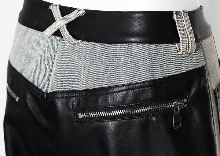 two-tone wide-leg denim pants with faux leather panels – NOIR