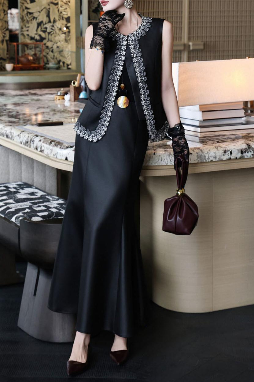 sleeveless tailored dress with embellished open-front vest – DARIYAH