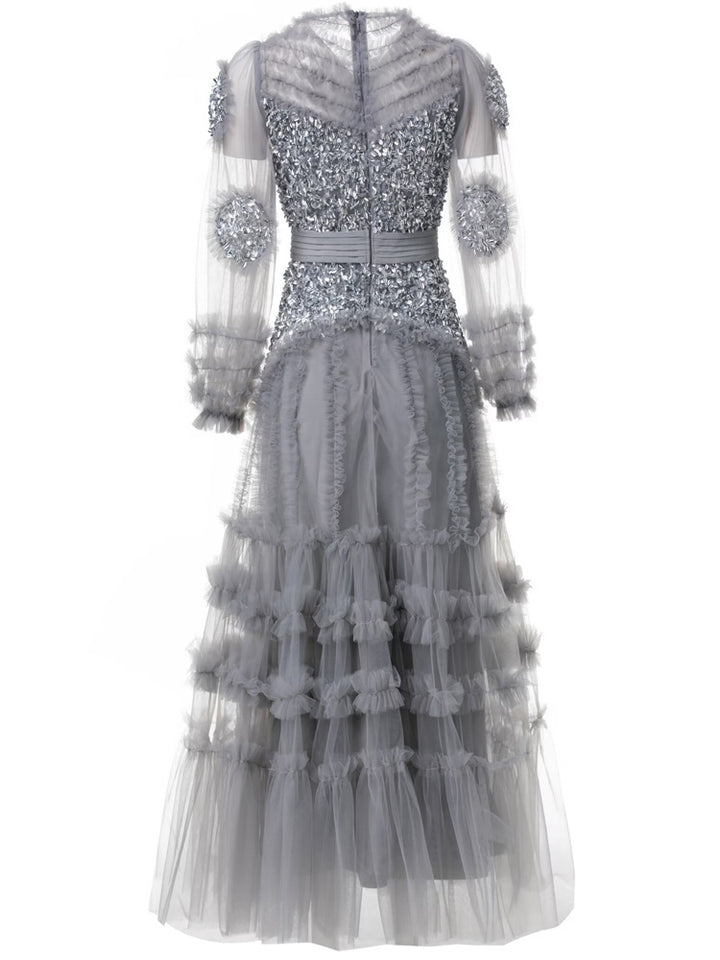 短袖中长连衣裙，配有3D花卉贴花 - BLOOMIQ 