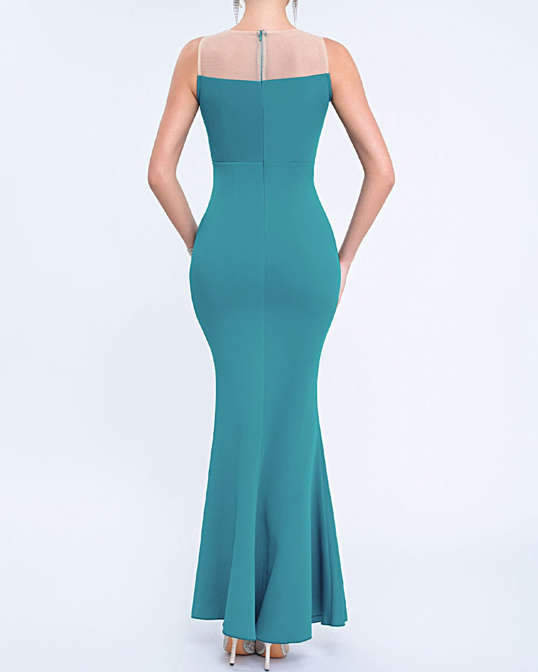 sleeveless column dress with floral appliqué and illusion neckline – FIORA