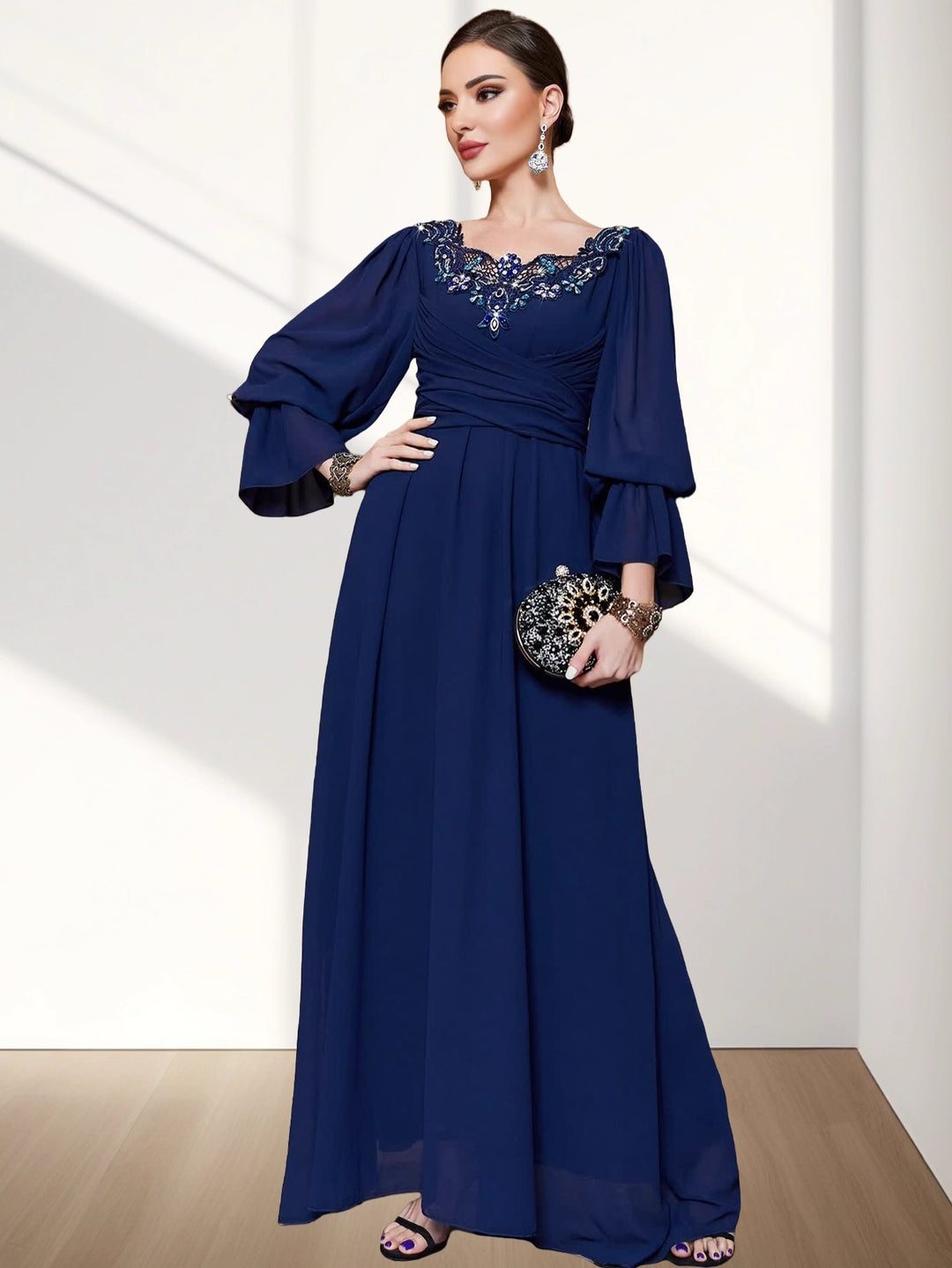 op maat gemaakte flare-pak met satijnen pofmouwen – VALENCIA 