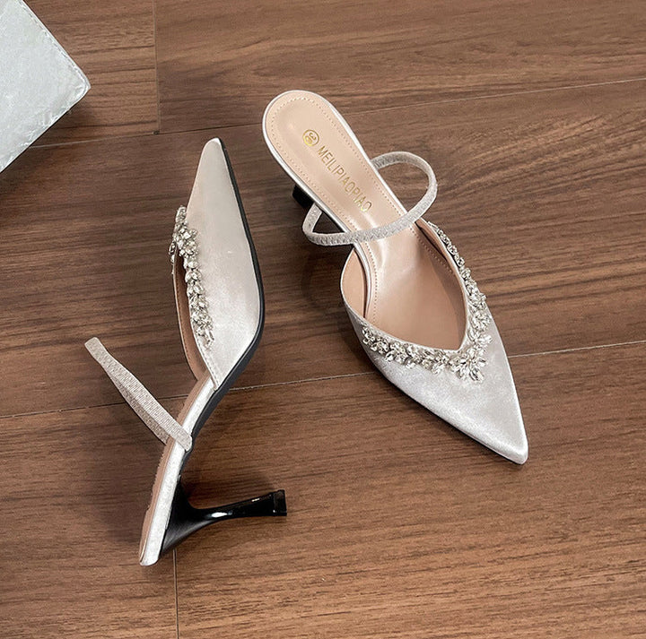 Satin pointed-toe mule with crystal strap - VERANA