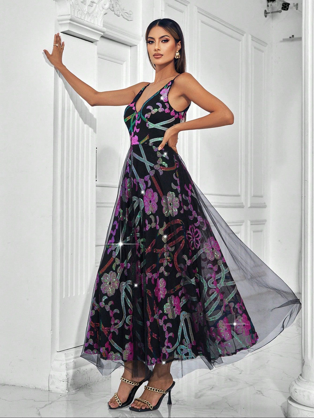 sleeveless tulle gown with multicolor sequin florals – AURONDA