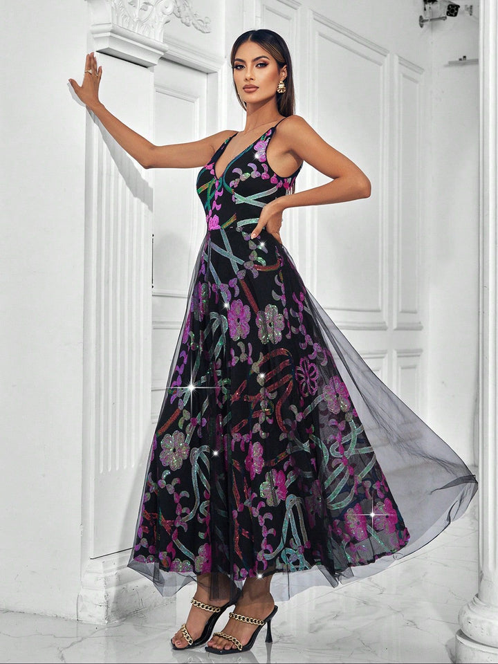 sleeveless tulle gown with multicolor sequin florals – AURONDA