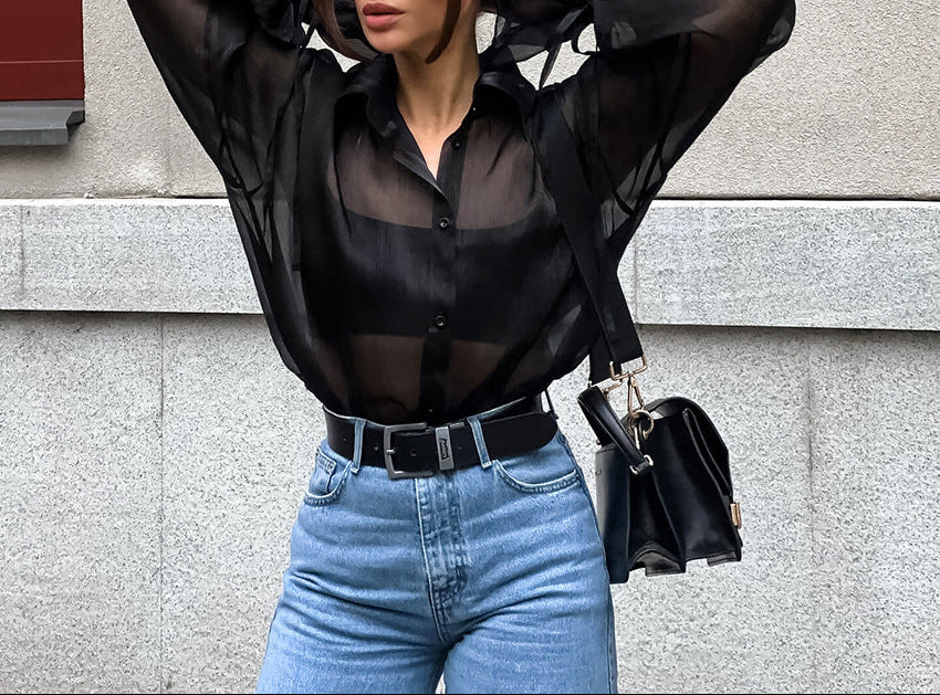 Sheer Chiffon Button-Up Blouse – TAREK