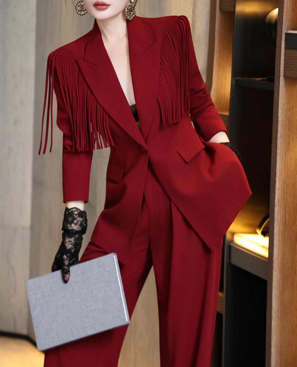 structured blazer suit with statement fringe – RAVEN