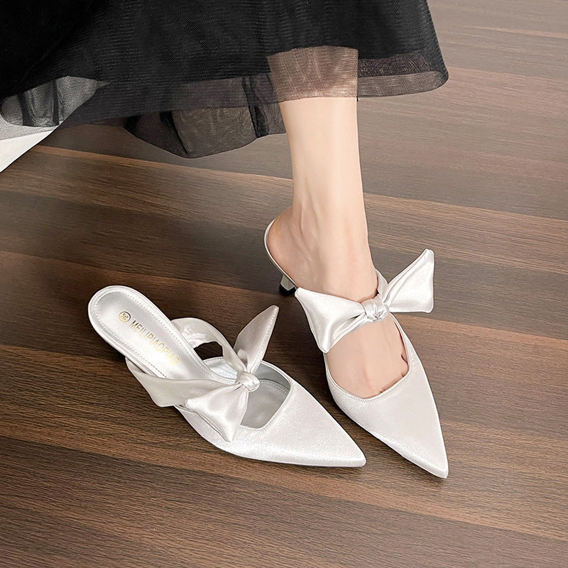 satin pointed-toe mules with bow strap - SOFIA