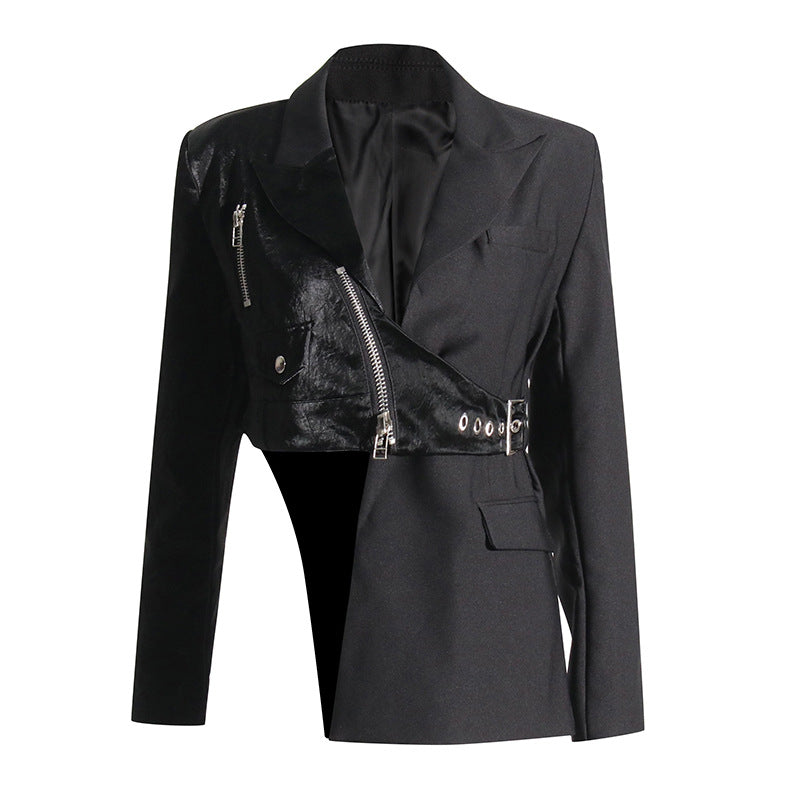 asymmetric cropped blazer with zip and buckle details – VELORA
