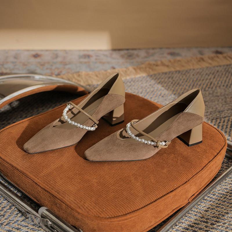 block heel pumps with pearl strap detail – NERINANDA