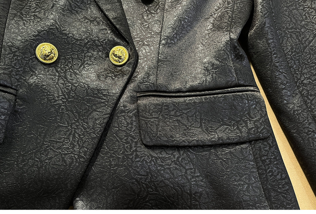 textured double-breasted blazer with gold crest buttons – EMPRESS