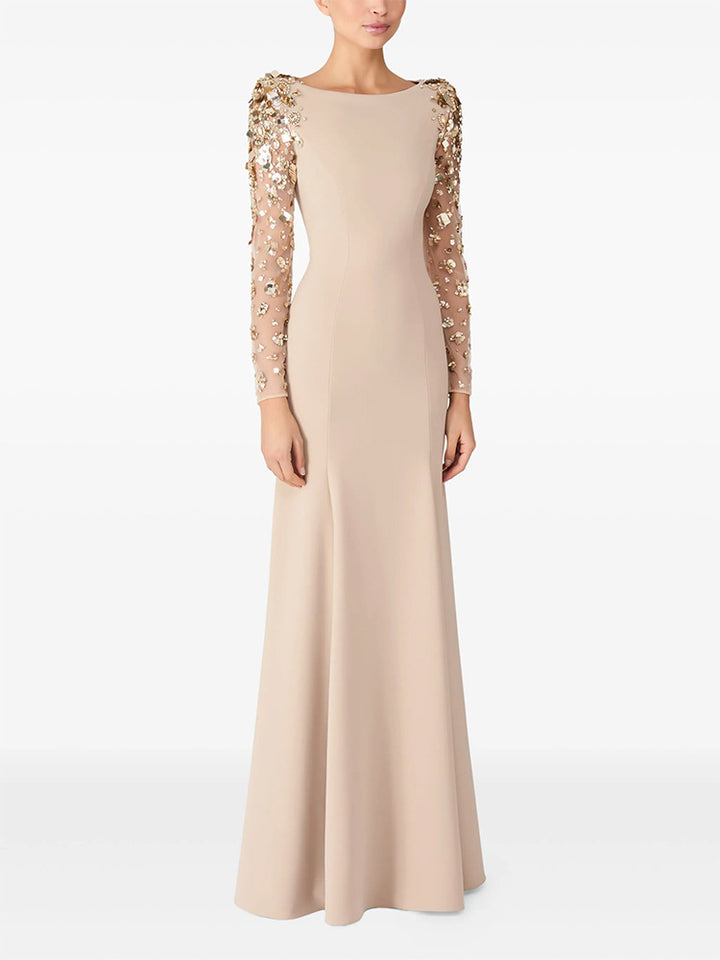 long column dress with embellished sheer sleeves - AUROXIA