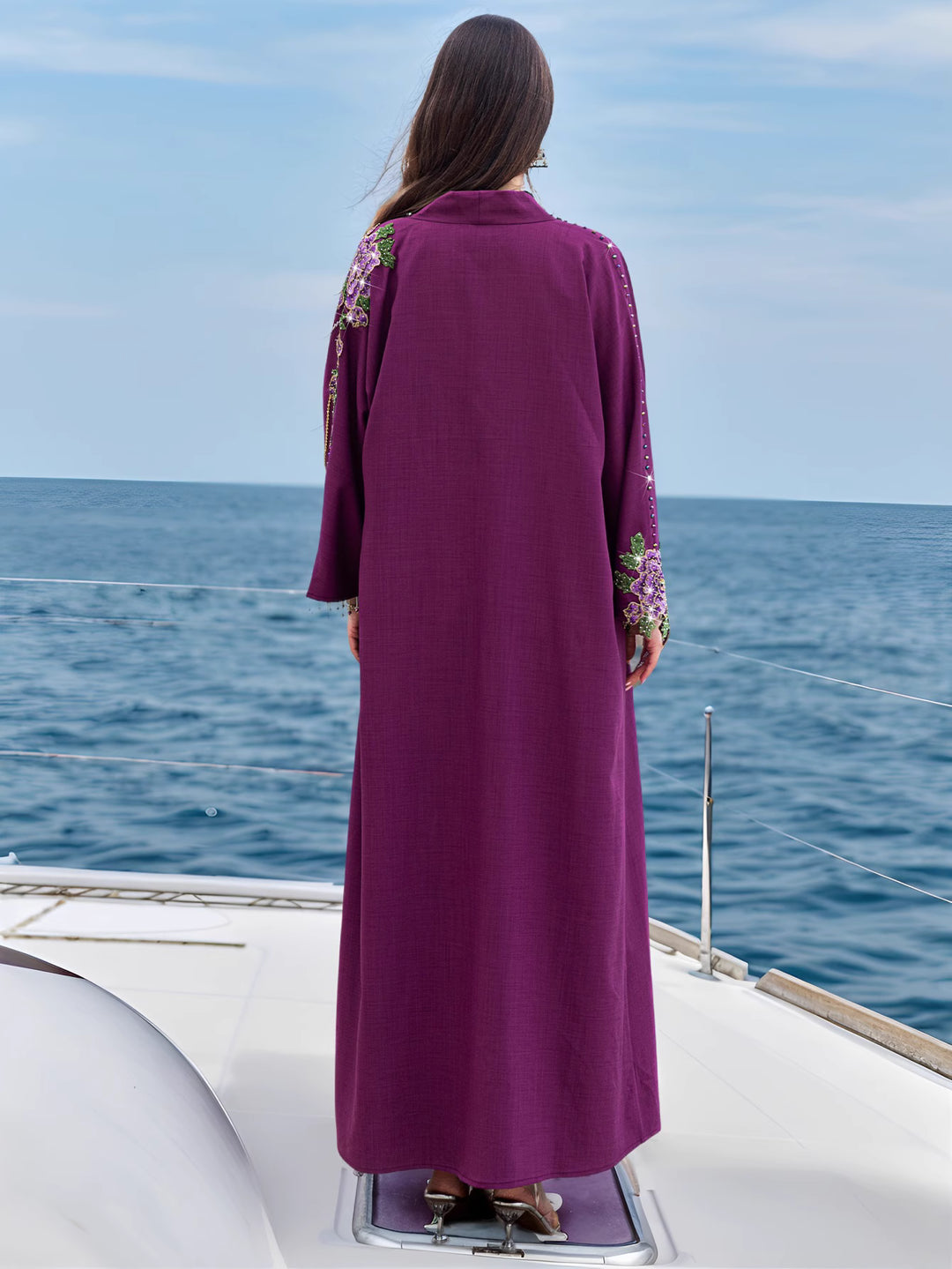 embellished open dress with floral embroidery - DALIMKA