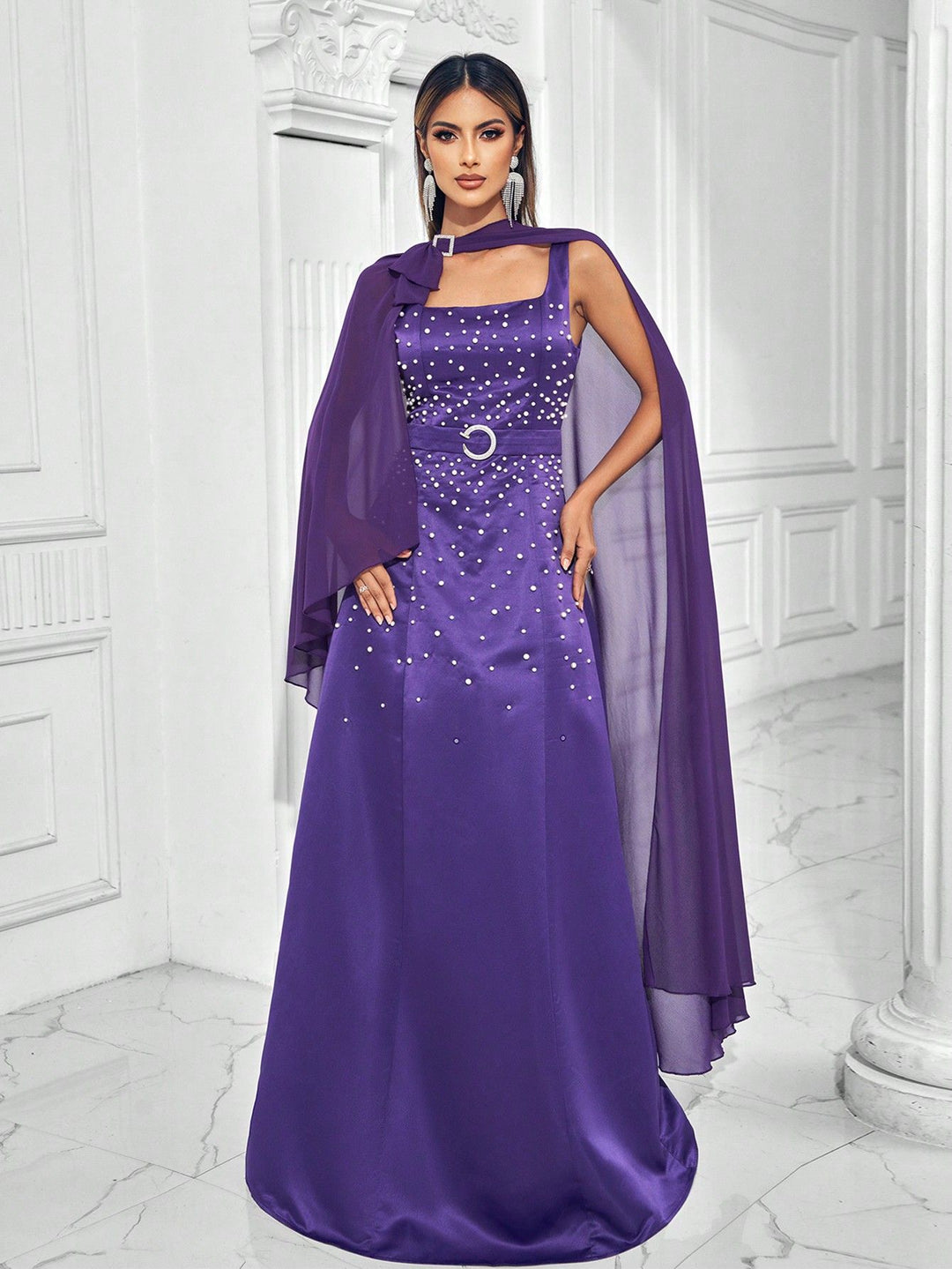 sleeveless gown with pearl embellishments and cape – VROLENTA