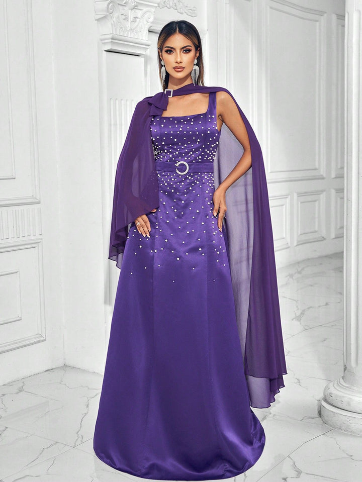 sleeveless gown with pearl embellishments and cape – VROLENTA