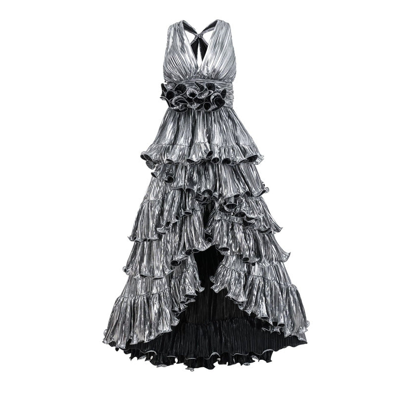 فستان قصير بياقة عالية وأكمام مكشكشة – عاجي