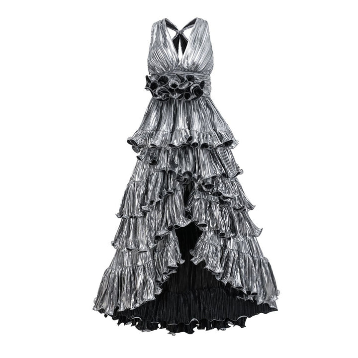 فستان قصير بياقة عالية وأكمام مكشكشة – عاجي