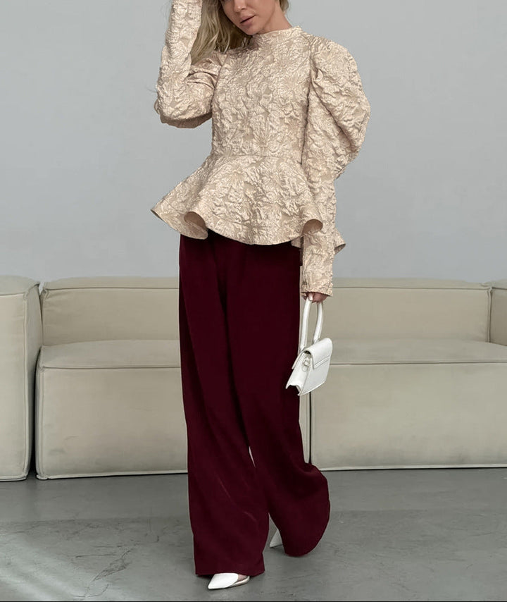 textured peplum blouse with sculpted puff sleeves – OPHELIA