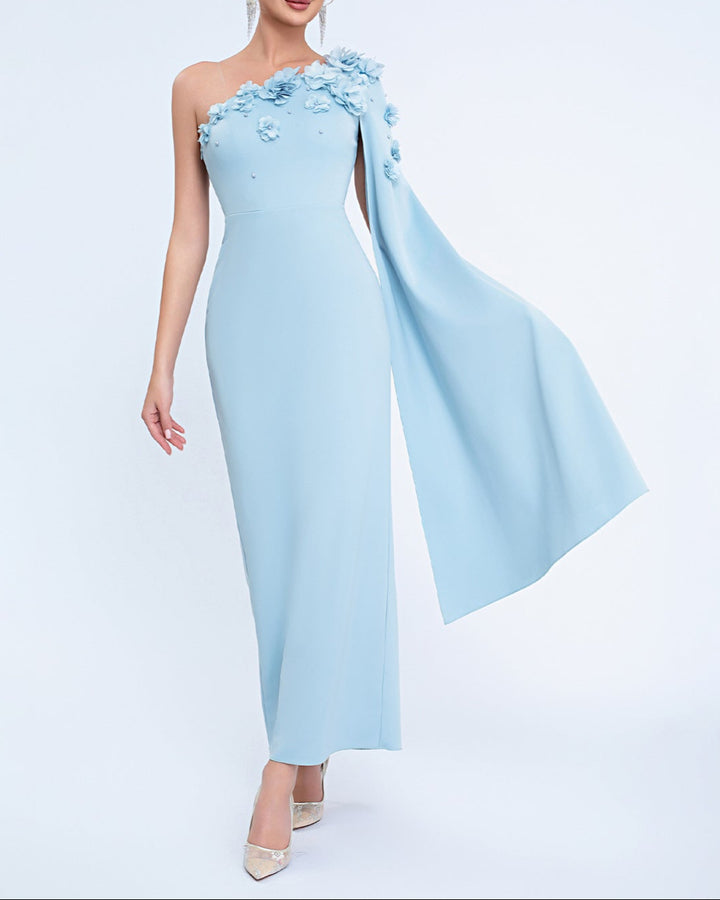 one-shoulder column dress with floral appliqué cape – AURELIATU