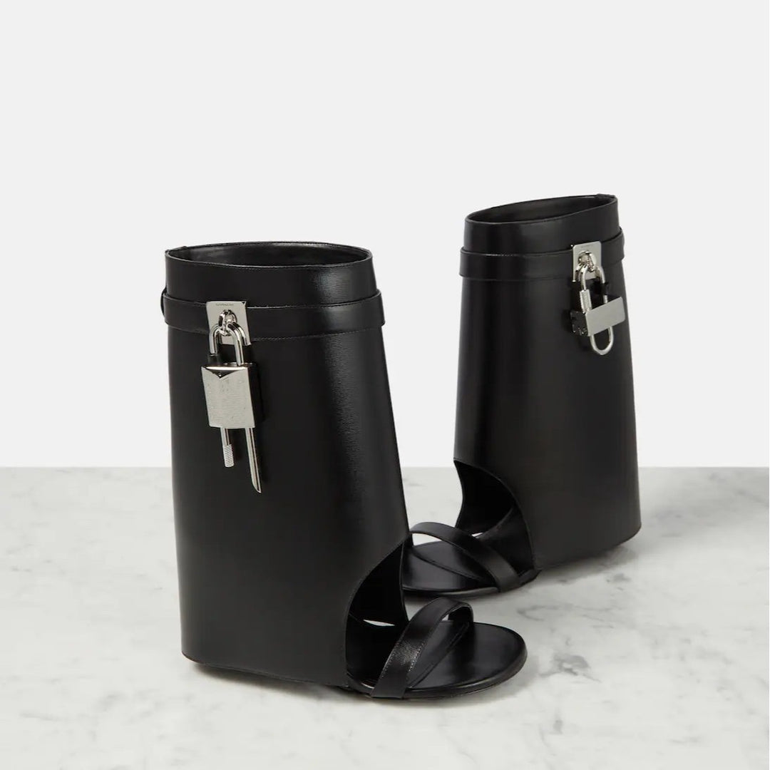 open-toe leather wedge boots with padlock detail – LUXE VAULT