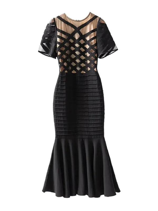 فستان ميدي بشريط شبكي وحافة حورية البحر – أستريد