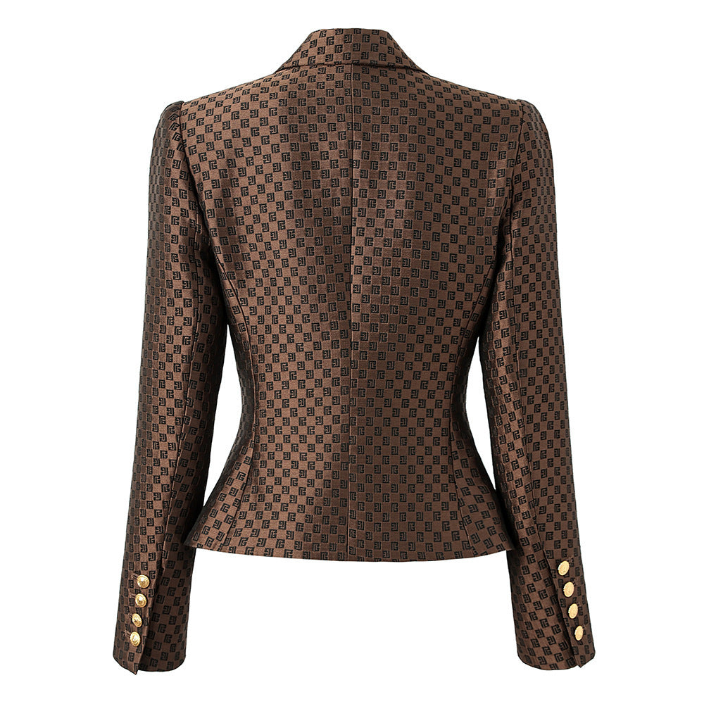 Monogram jacquard double-breasted blazer with gold buttons – BRONZE