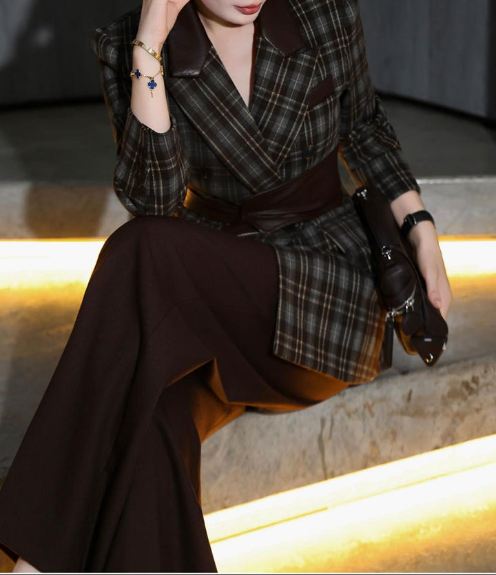 plaid tailored blazer with leather belt & wide-leg trousers – MARCELLA