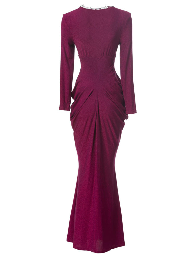 long sleeve draped mermaid gown with lace neckline - SERENZA