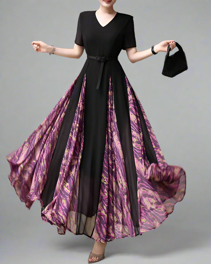 korte mouw midi jurk met 3D bloemenapplicaties - BLOOMIQ 