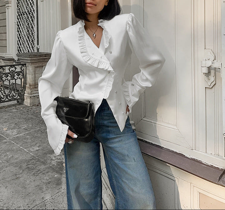 asymmetrical ruffle-front satin blouse – REGALIA