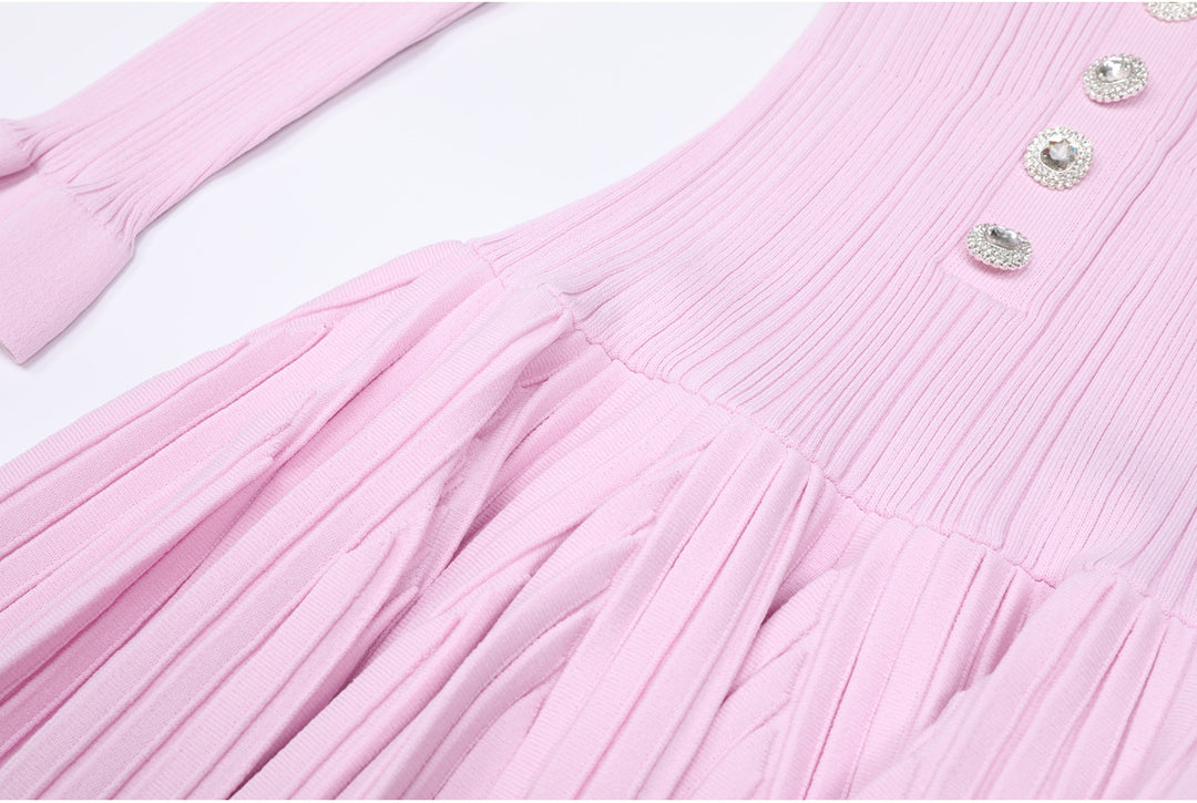 off-shoulder pleated mini dress with button detail – ELARANZI