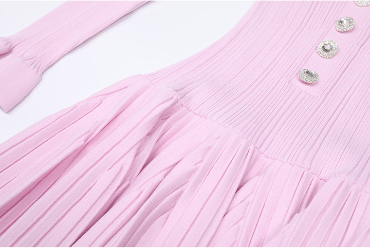 off-shoulder pleated mini dress with button detail – ELARANZI