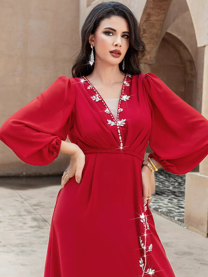 fluid draped evening dress with elongated silhouette – VELORA