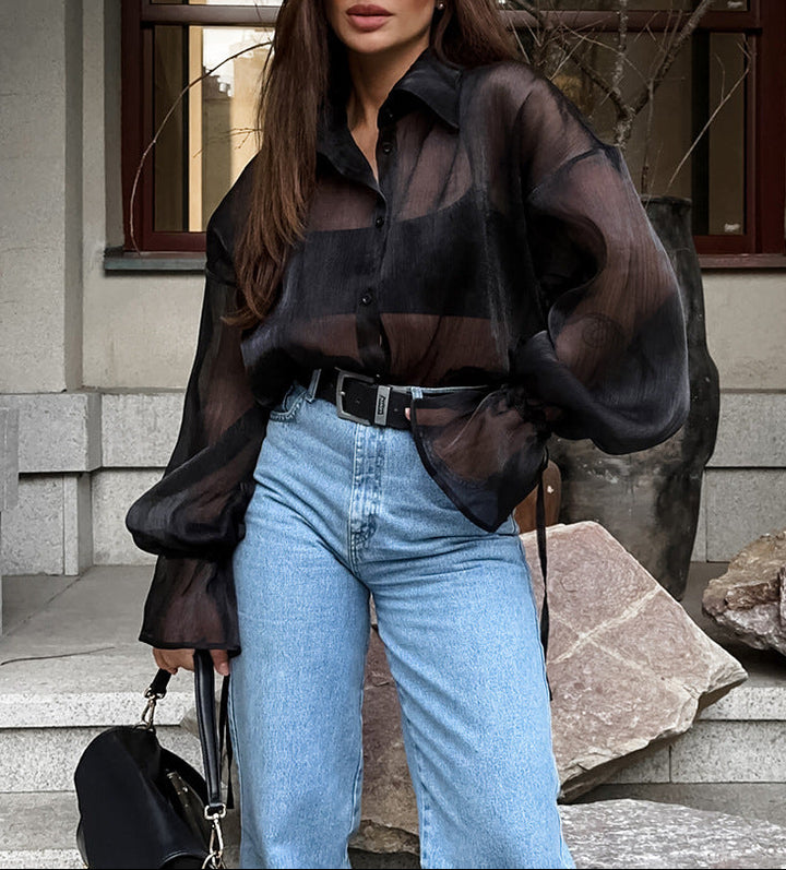 Sheer Chiffon Button-Up Blouse – TAREK
