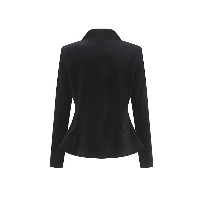 Tailored velvet blazer with gold statement buttons – OBSIDIAN