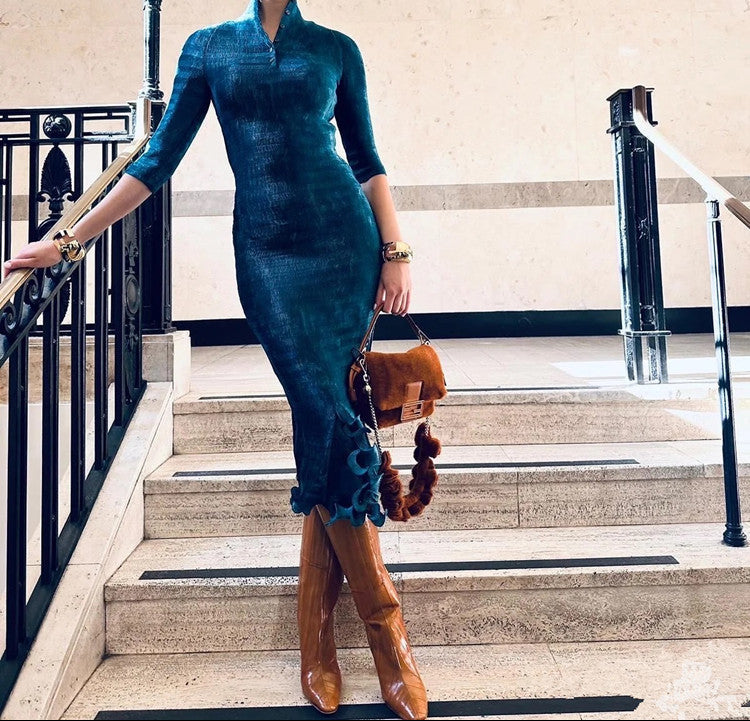 Geplooide top met uitlopende mouwen en maxi-rok set met tailleband – Rosiny 