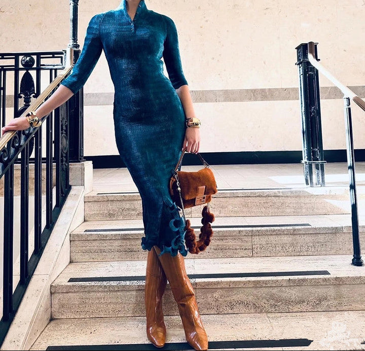 Geplooide top met uitlopende mouwen en maxi-rok set met tailleband – Rosiny 